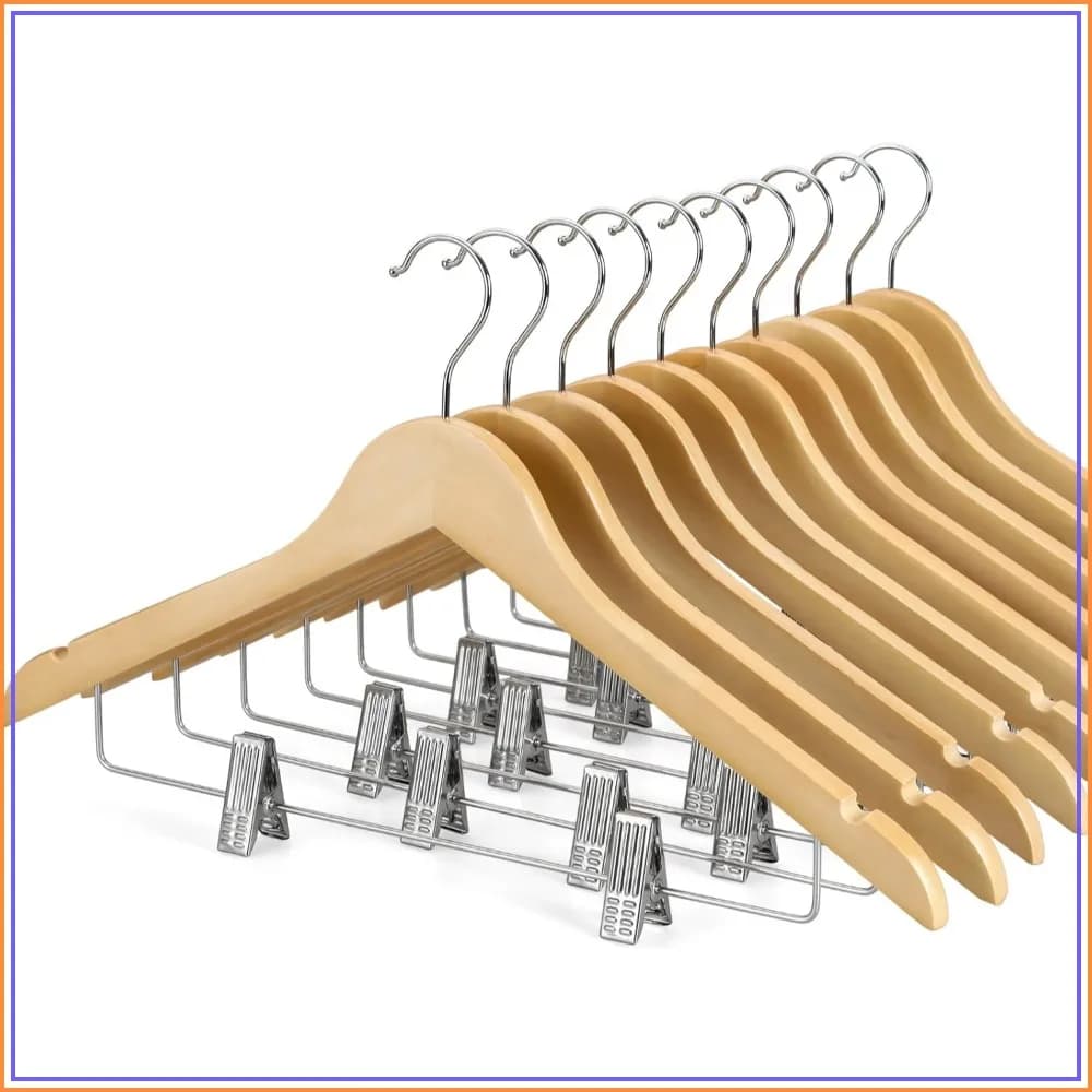Wooden Hangers with Adjustable Metal Clips and 360° Swivel Hook, 10 Pack for Suit, Pant, Skirt, Jeans, Coat, Jacket