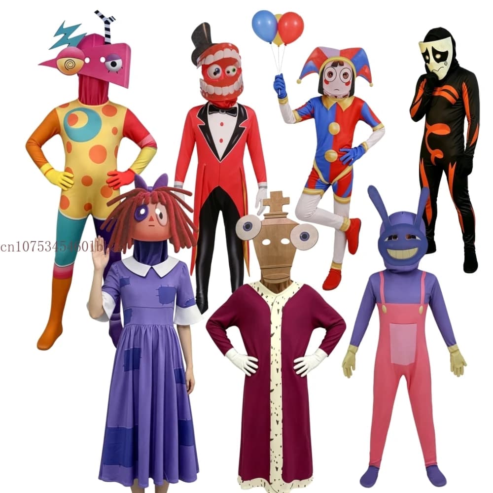 Costume da Cosplay The Amazing Digital Freak Circus Pomni per Bambini e Adulti, Tuta Aderente Caine Kinger, Outfit per Halloween
