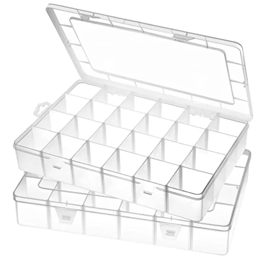 Large Organizer Box in Plastic with 24 Adjustable Parts and Dividers, Transparent Container for Jewelry, Art, Fai-da-Te, Washer Tapes, Beads