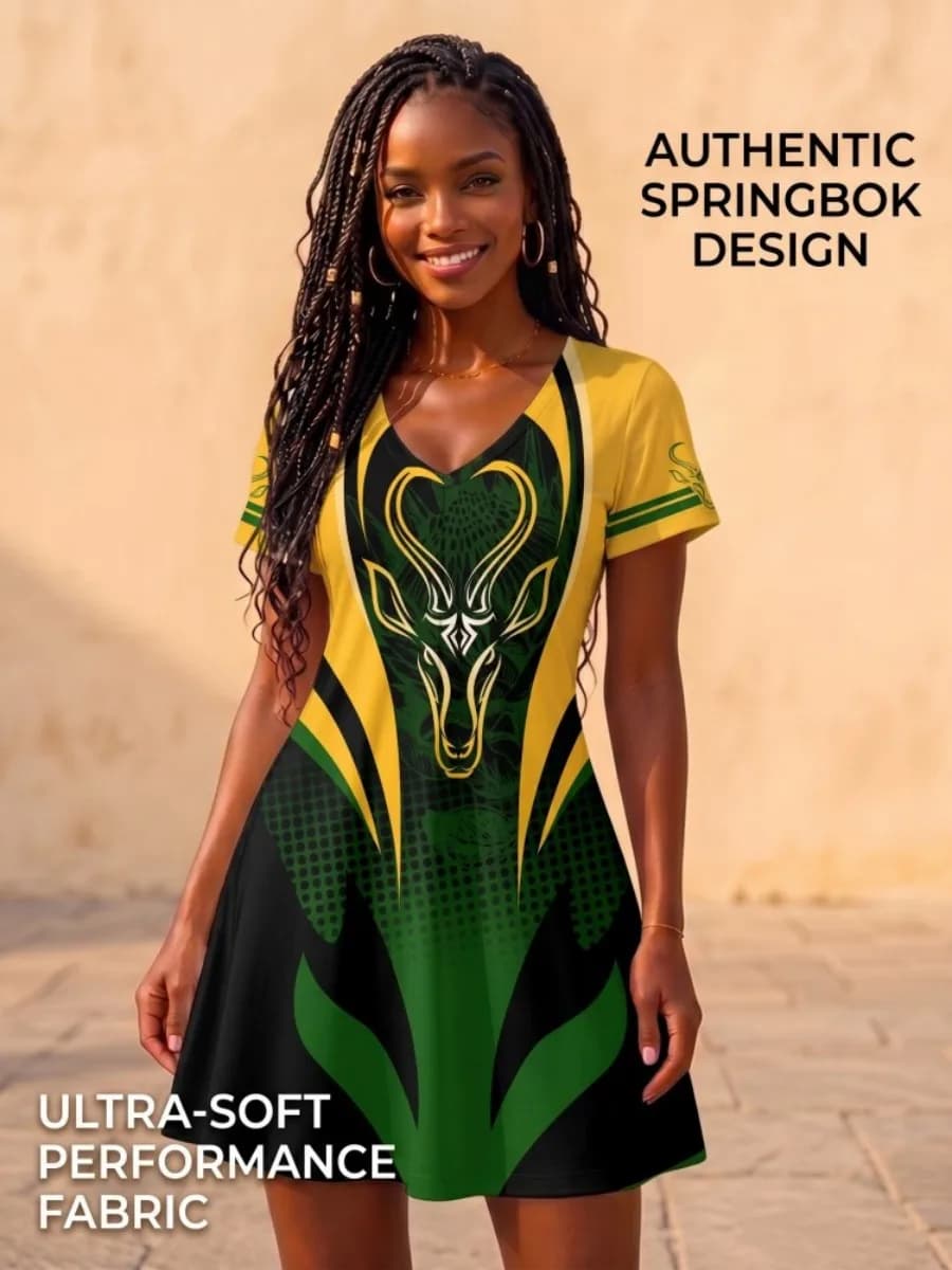 Abito con Bandiera Sudafricana per Donne, Scollo a V, Manica Corta, Linea A, Mini Abito con Grafica Animale Springbok per Tifosi di Rugby, Abbigliamento Estivo da Spiaggia SA