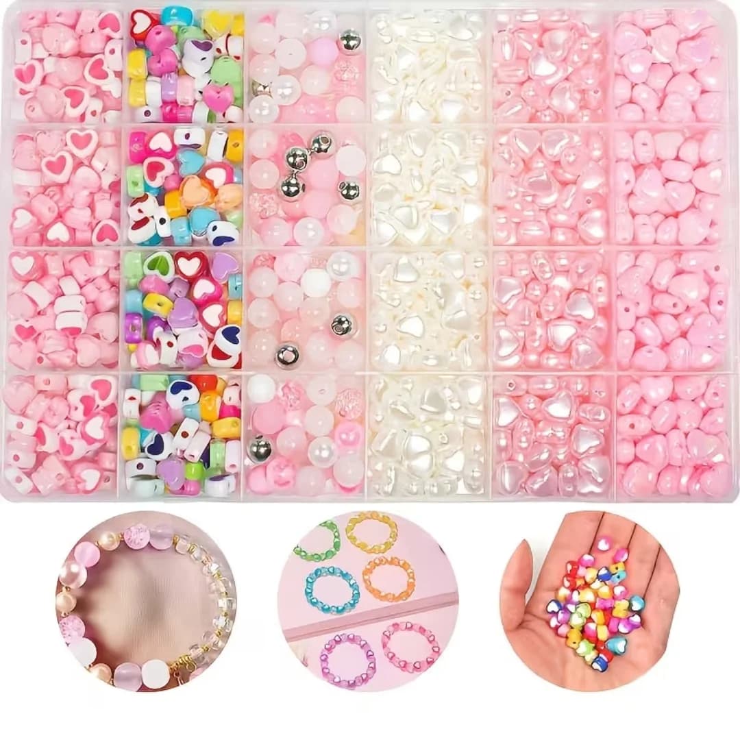 600pcs 24 box set of hearts and round beads. Pink, acrylic beads, DIY bracelet, necklace, earrings, holiday gift