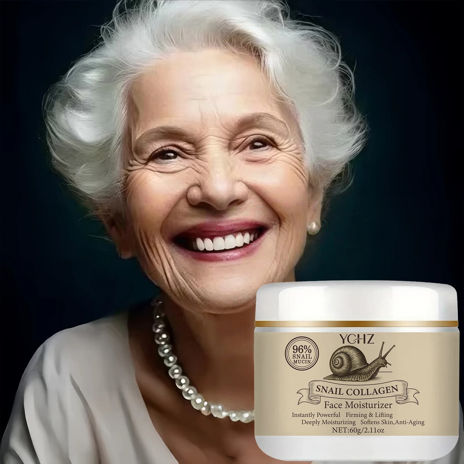 Collagen cream and snail secretion fluid - 60g - Hydration 24 hours a day - Instant sander - Contains 96% snail berry - Hyaluronic acid - Vitamin C and E - Quick absorption in 3 seconds - Skin protection - Korean skin care products