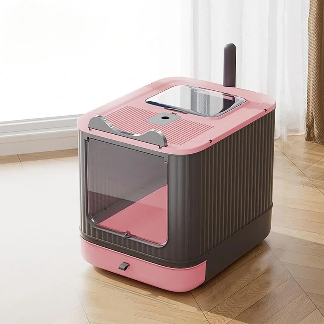 Lettiera per Gatti Completamente Chiusa, Ingresso Frontale Uscita Superiore, Cassetto per Pulizia, Anti-Odore, per Gatti Grandi, Grigio/Rosa