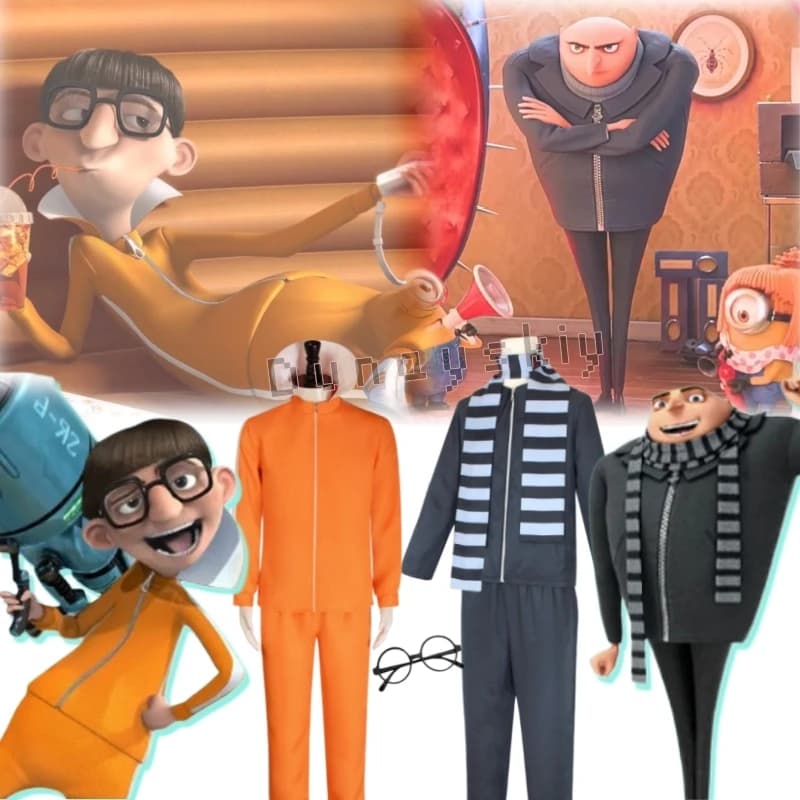 Costume Cosplay Gru Dad (Daddy) from the Film, Set Complete with Jacket, Scarf, Trousers and Eyewear, Orange, for Halloween, Carnival, Holidays and Shows