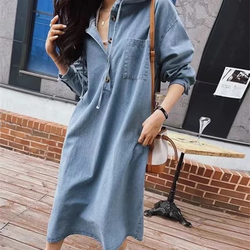 Korean Style Spring 2025 Long Sleeve Hooded Denim Dress Casual Max-Length Jeans Women's Fashion Robe Female Clothing K6206