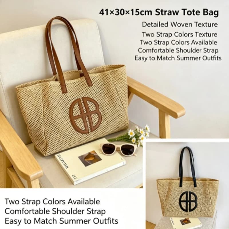 2026 New French Niche Graphic Straw Bag for Women, Fashion Versatile Seaside Beach Handbag Single Shoulder Tote