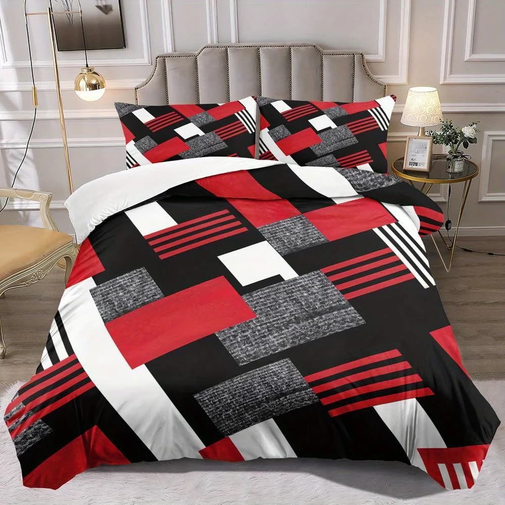 Set copripiumino con motivo geometrico da 2/3 pezzi - 1 copripiumino + 1 o 2 federe, striscia rossa popolare classica alla moda