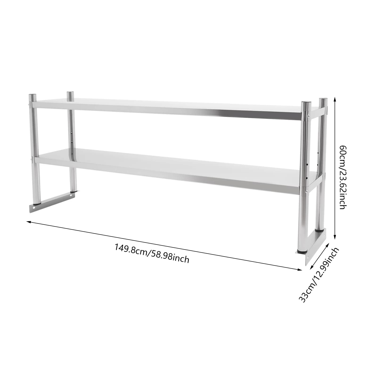 Scaffale in acciaio inossidabile, ripiano regolabile a 2 livelli, scaffale resistente 60,2 * 15,7 * 3,5 pollici per riporre e visualizzare le merci