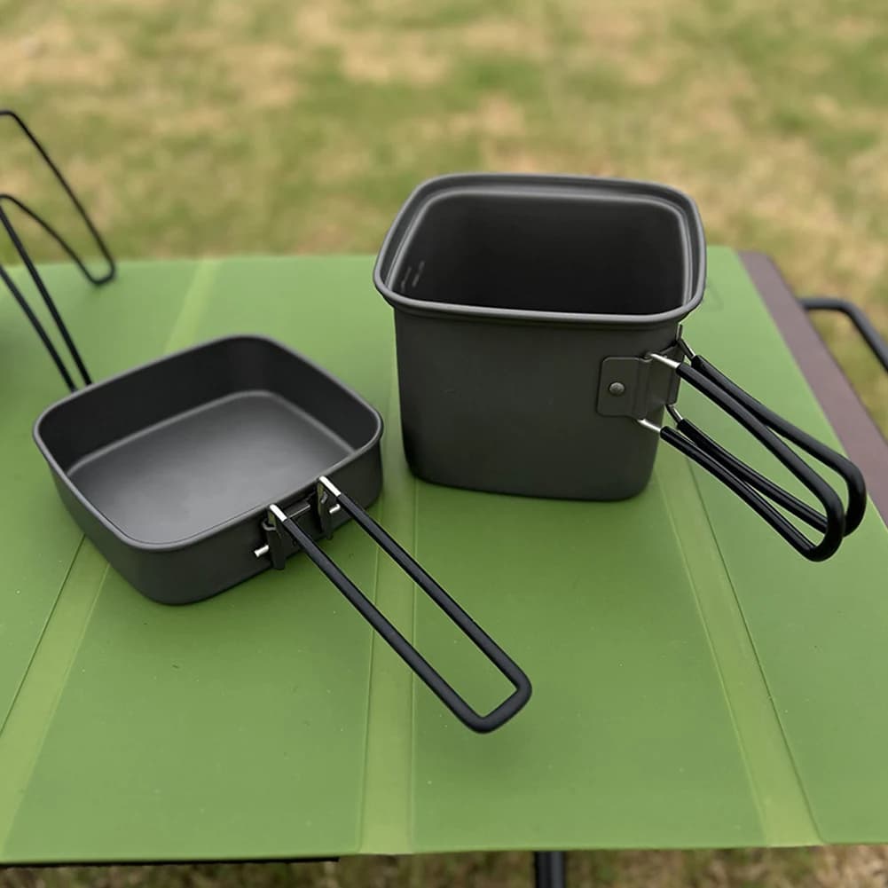 Pentola quadrata 2 in 1 per campeggio all'aperto con borsa portaoggetti, padella pieghevole, pentola da cucina, set di pentole leggere per pesca, escursionismo, equitazione
