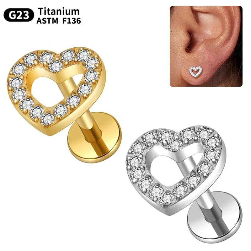 1PC Titanio CZ Cuore Orecchio Cartilagine Stud Trago Orecchino Labret Gioielli 16G Parte Posteriore Piana Stud Orecchio Piercing Gioielli per il Regalo Delle Donne
