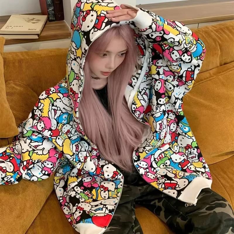 Women's Y2K Hoodie, American Style with Hello Kitty Printing, Cardigan Casual with Zip