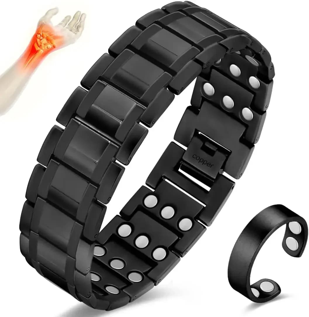 Set di 3 Bracciali in Rame per Uomo con Magneti Tripli Ultra Potenti, Bracciale e Anello Magnetici in Rame Puro con Strumento di Misurazione Regolabile
