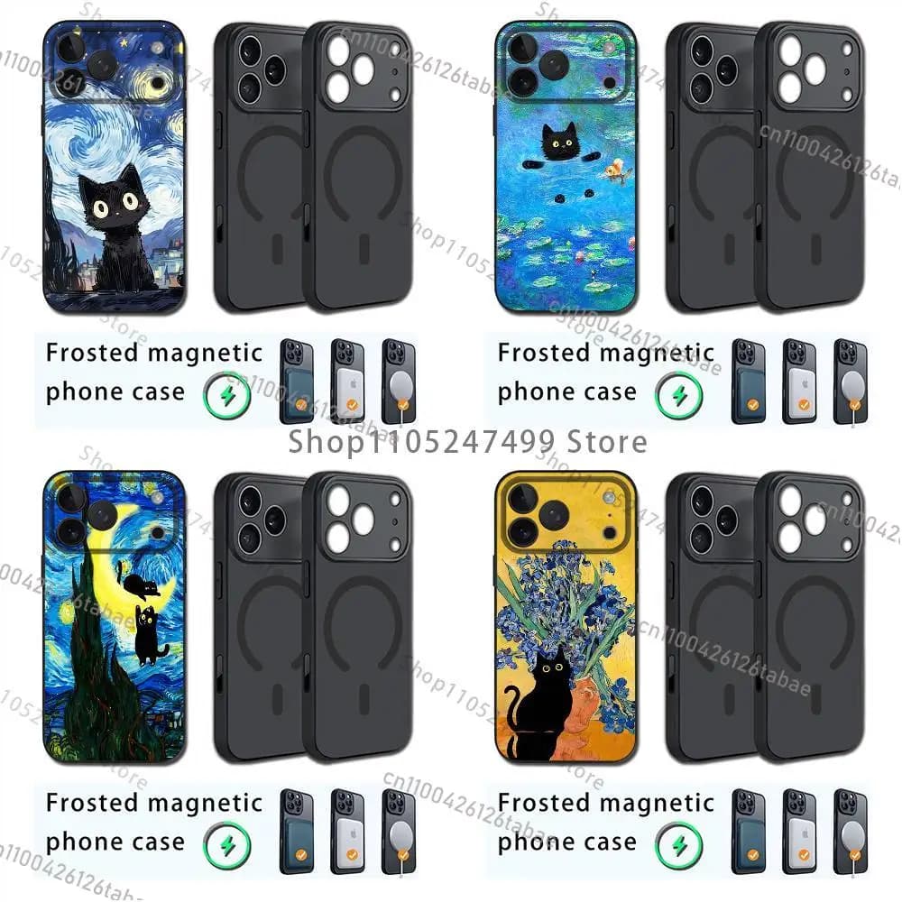 cartoon Van Gogh Monet's Black Cat Case For iPhone 17,16,15,14,13,12,11,Pro,Max,Plus,Mini,E Magnetic Magsafe Wireless Charging