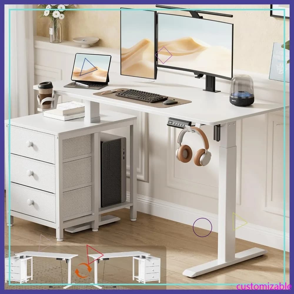 Scrivania Elettrica Regolabile in Altezza 47x24 Pollici con Cassetti, Tavolo per Computer Sit-Stand, 3 Impostazioni Memorizzabili, Bianco