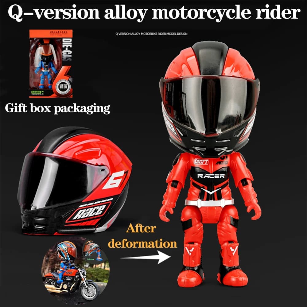 Modellino di Motocicletta Trasformabile con Figurina del Pilota in Lega e Casco Rimovibile, Set Decorativo da Scrivania