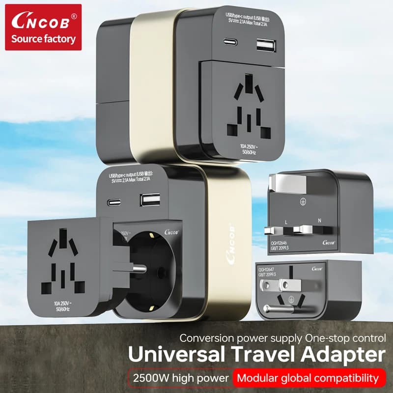 Spina adattatore da viaggio universale in tutto il mondo: funziona in oltre 200 paesi, 2500 W 3 porte USB (tipo C) per EU UK US AU, ideale per i viaggi