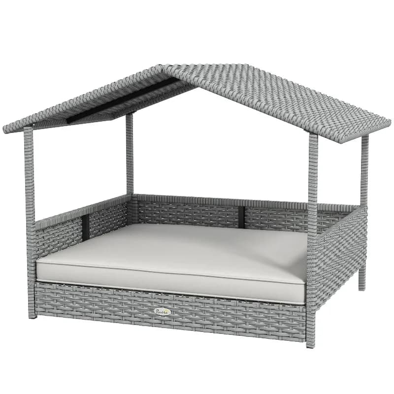 Cuccia per Cani da Esterno con Tettoia 38.5x27.25x27.5 Pollici, Divano Rialzato in Rattan PE per Animali Domestici con Cuscino Rimovibile Impermeabile per Cani di Piccola e Media Taglia