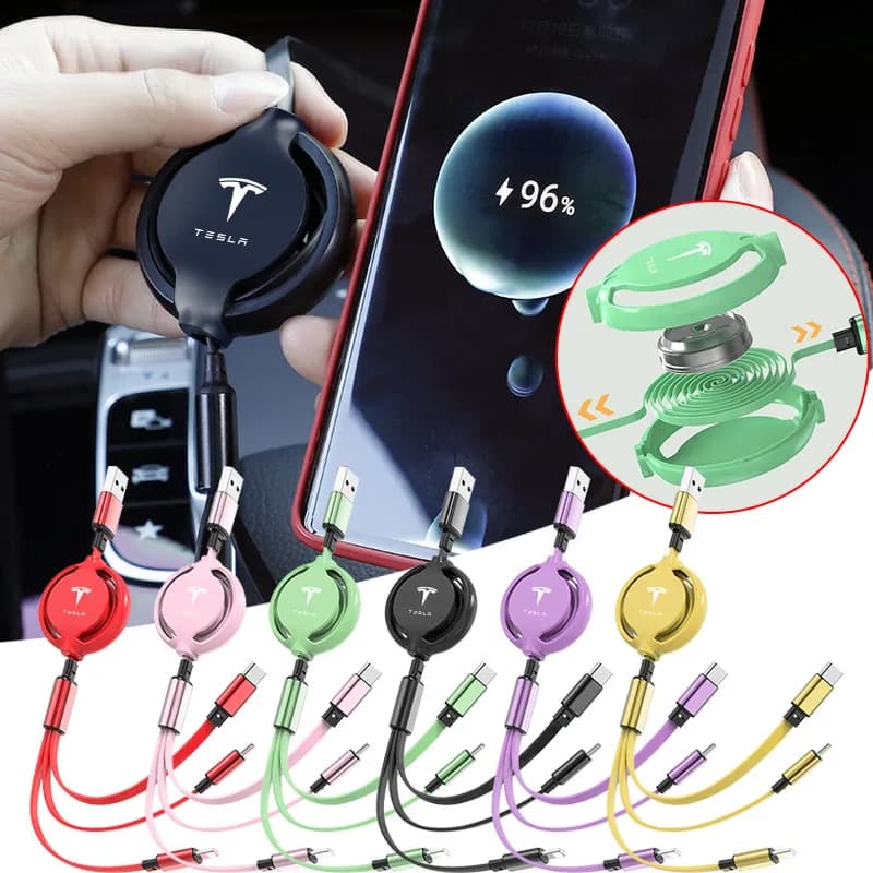 Caricabatterie USB per Auto Tre in Uno con Cavo Dati Retrattile a Ricarica Rapida per Tesla Model 3 2016-2020, Adesivi per Model X S, Coprimozzo Centrale