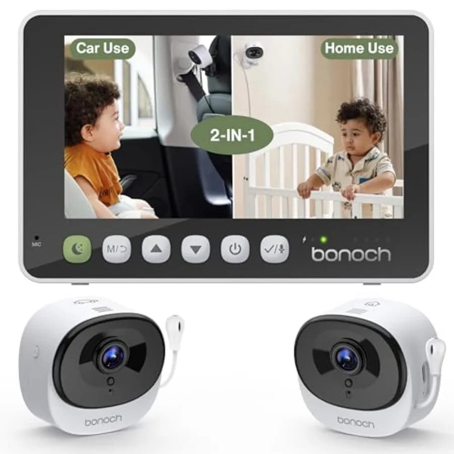 Monitor per Bambini 2-in-1 per Auto e Casa, Visione HD Chiara 5MP, Monitor Wireless con 2 Telecamere Alimentate via USB, Rotazione a 360°, Visione Notturna