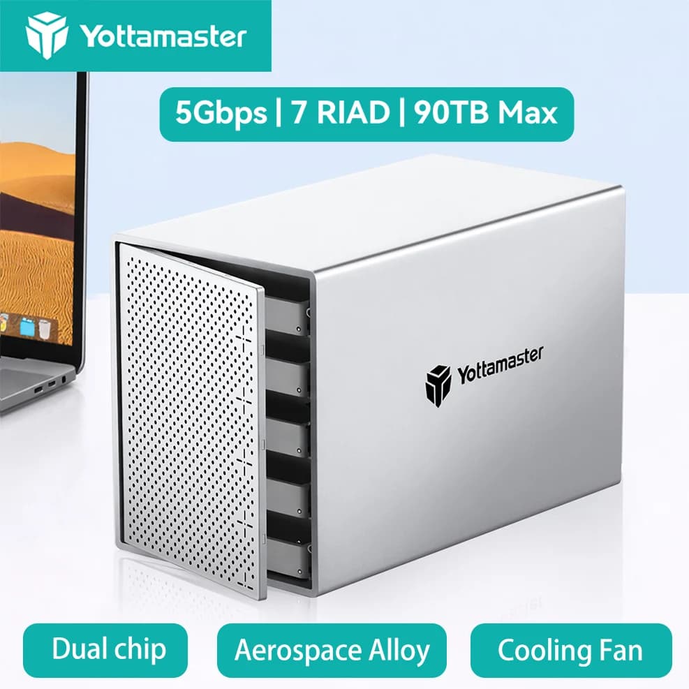Yottamaster Docking station per disco rigido RAID da 2/4/5 alloggiamenti USB 3.1 Tipo C Custodia HD da 90 TB 72 W DAS in alluminio per HDD/SSD SATA da 2,5/3,5"