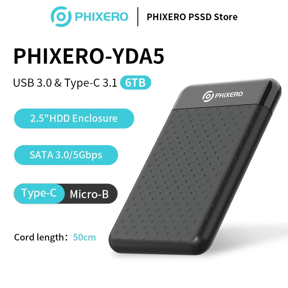 PHIXERO Custodia per HDD di archiviazione esterna da 2,5 pollici USB 3.0 Type-C 6Gbps SATA NVMe HDD SSD Custodia per disco rigido per PC portatile Smartphone