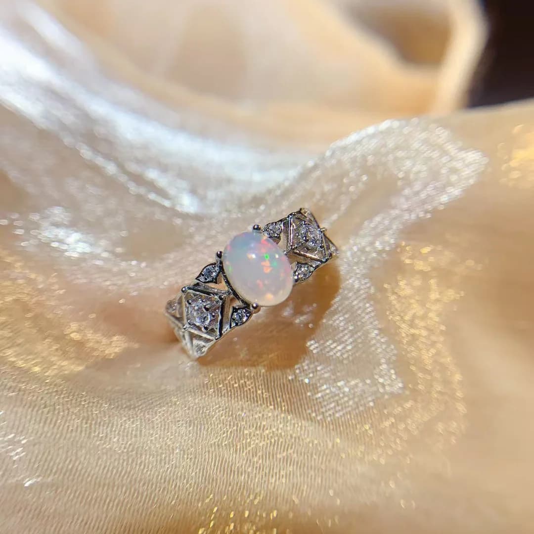 Ethnic Style Natural Opal Ring 6*8mm S925 Silver Shining Gemstones Silver Carving Daily Routine Matching Jewelry