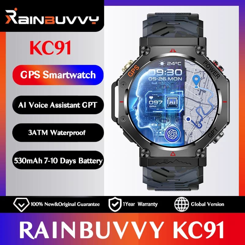 Rainbuvvy KC91 GPS Smart Watch AI GPT Display da 1,39 pollici Supporta GLONASS BDS Galileo NAVIC QZSS 3ATM Smartwatch impermeabile