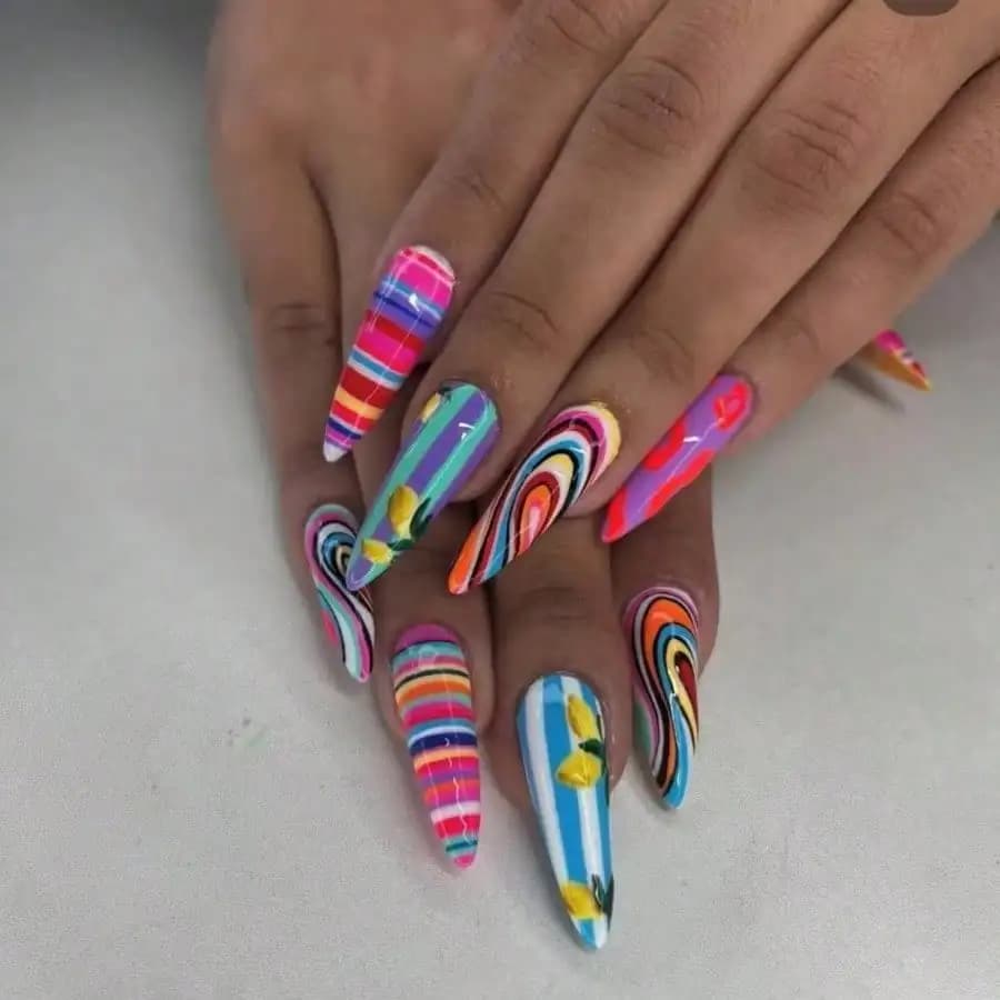 24 pezzi di unghie finte lunghe a mandorla con effetto 3D a spirale e blocchi di colore, stile europeo, con colla in gel e lima per unghie, per donne, per uso quotidiano e feste.