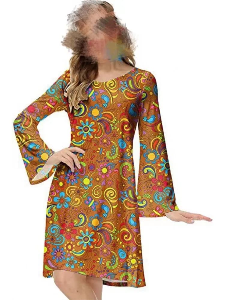 2025 Nuovo personalizzato stampato a maniche lunghe girocollo abito al ginocchio moda estiva gonna allentata casual con foulard femmine