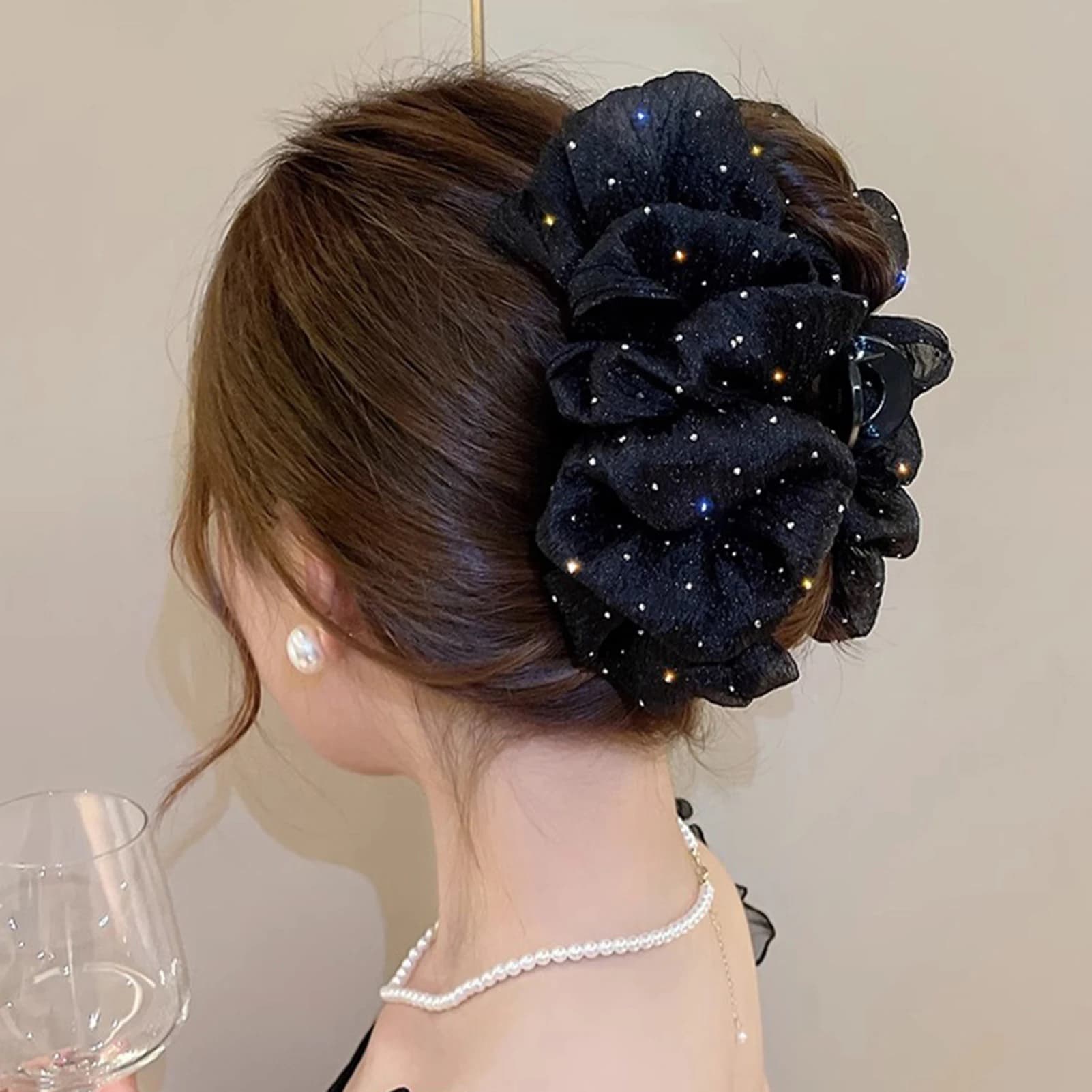 Fermacapelli a Fiocco Lucido con Glitter per Ragazze, Accessorio per Capelli con Doppio Fiocco in Rete per Donne e Ragazze