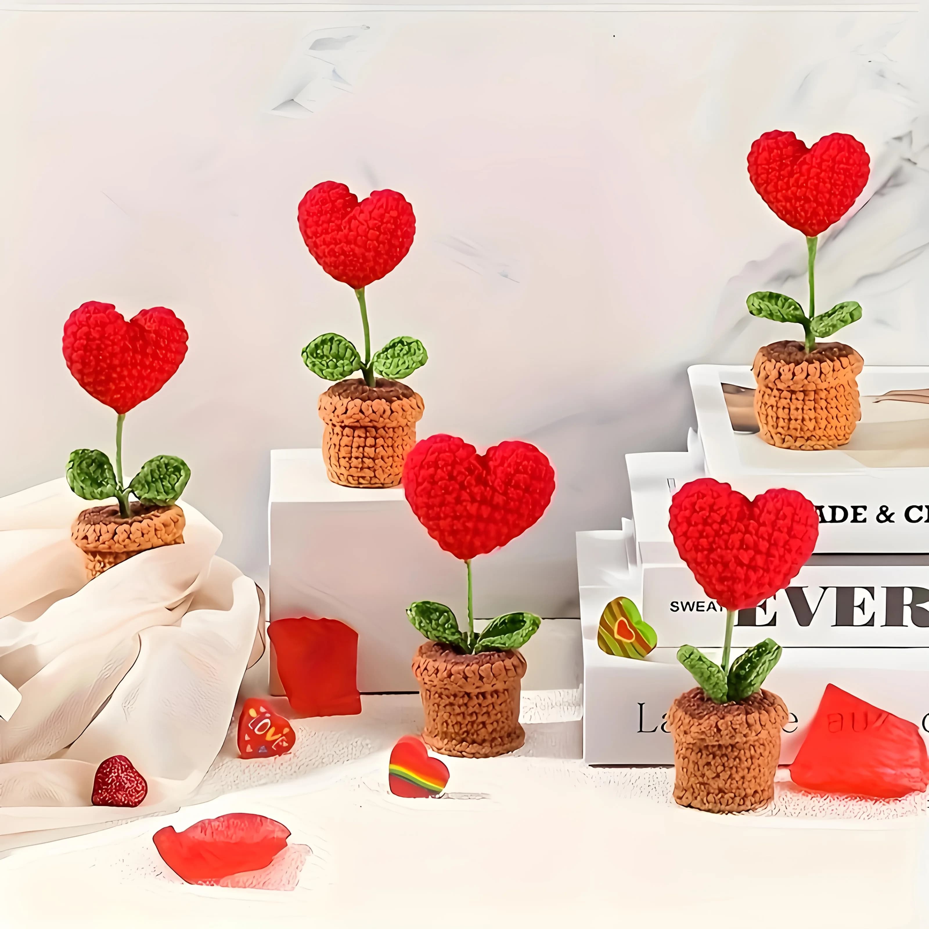5-1Pcs Handmade Knitted Flower Pot Red Heart-Shaped Woven Flower Gift Knit Imitation Potted Plant Flower Pot Desktop Home Decor