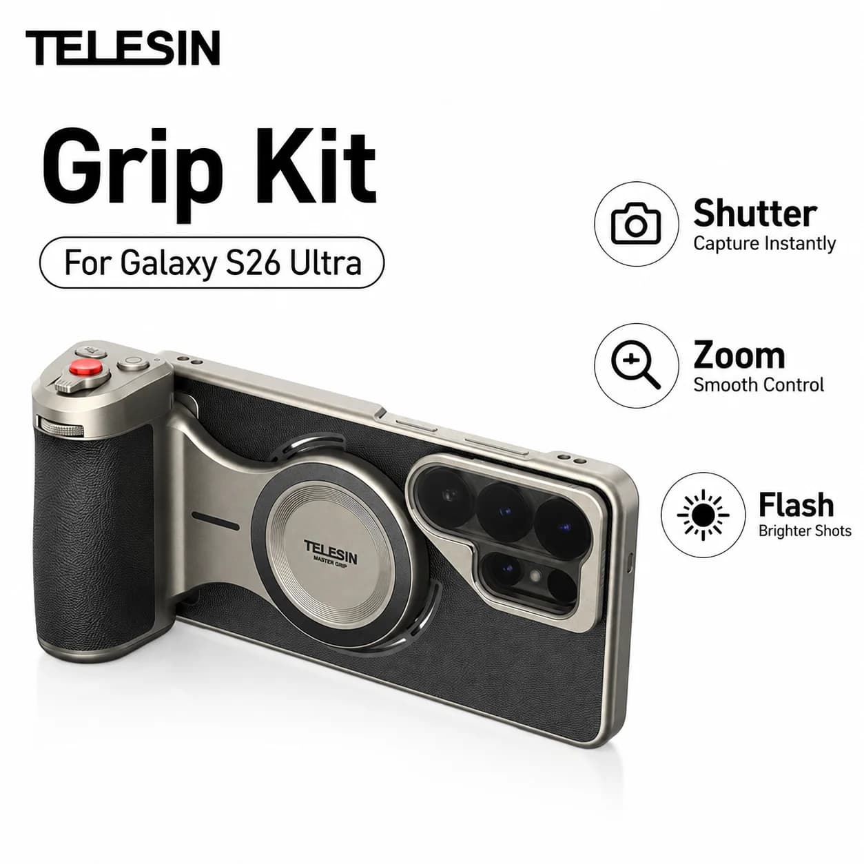 TELESIN Master Kit Fotografico con Impugnatura per Samsung Galaxy S26 Ultra, Batteria 3200mAh, Ricarica Wireless, Flash e Filtro ND16