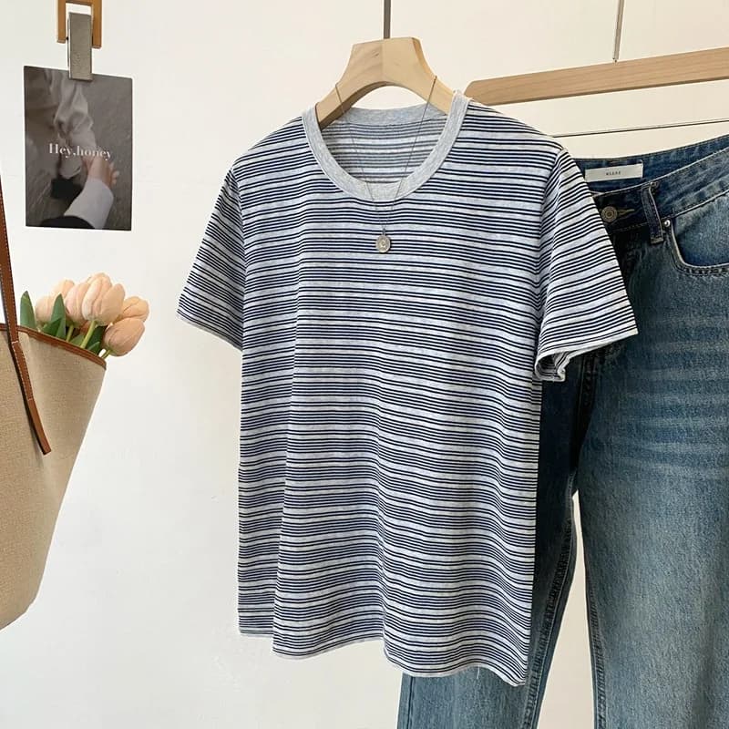 Dave&di 26 Summer New Product French Retro Fine Stripe Knitted Short Sleeve Women's 16 Needle Cotton Yarn Knitted T-shirt