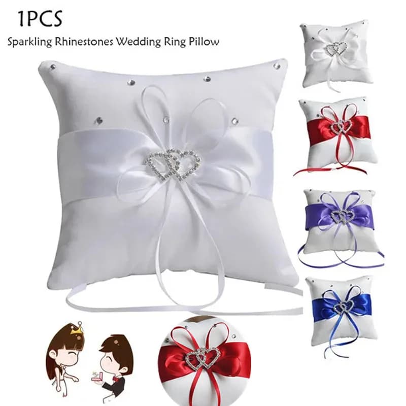 1 pz 10*10 cm strass scintillanti anello di nozze cuscino da sposa nuziale bowknot doppio cuore anello portatore cuscino