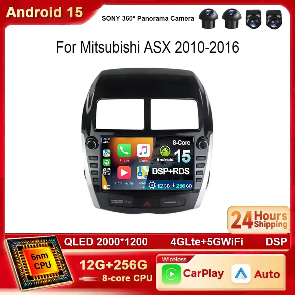 Android 15 2K For Mitsubishi ASX 2010-2016 4G WIFI Carplay Monitor Multimedia Screen Stereo Radio Video Player GPS Navigation