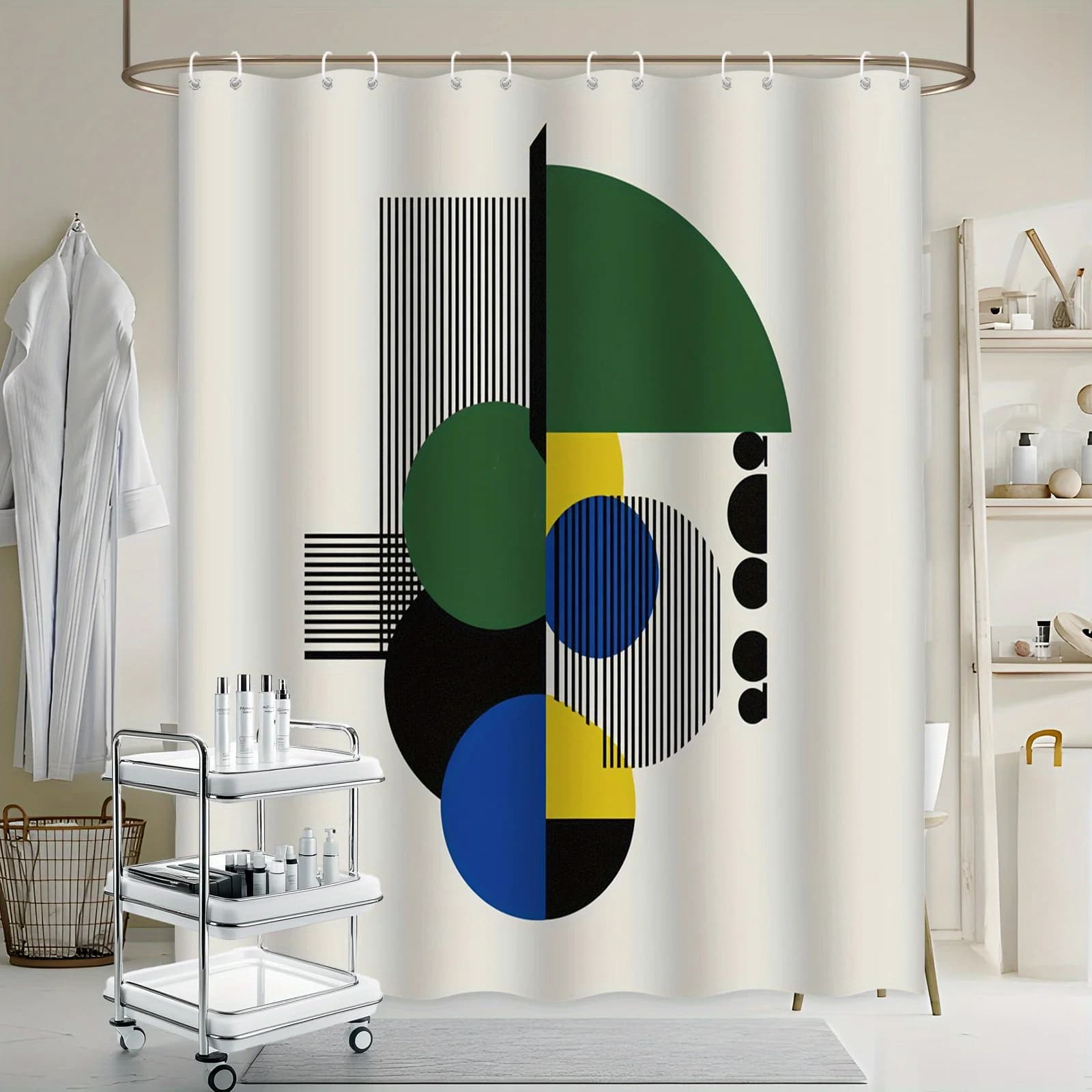 Tenda da doccia moderna astratta 2D con cerchi sovrapposti verdi, gialli e blu, linee nere, decorazione per bagno con ganci, lavabile in lavatrice