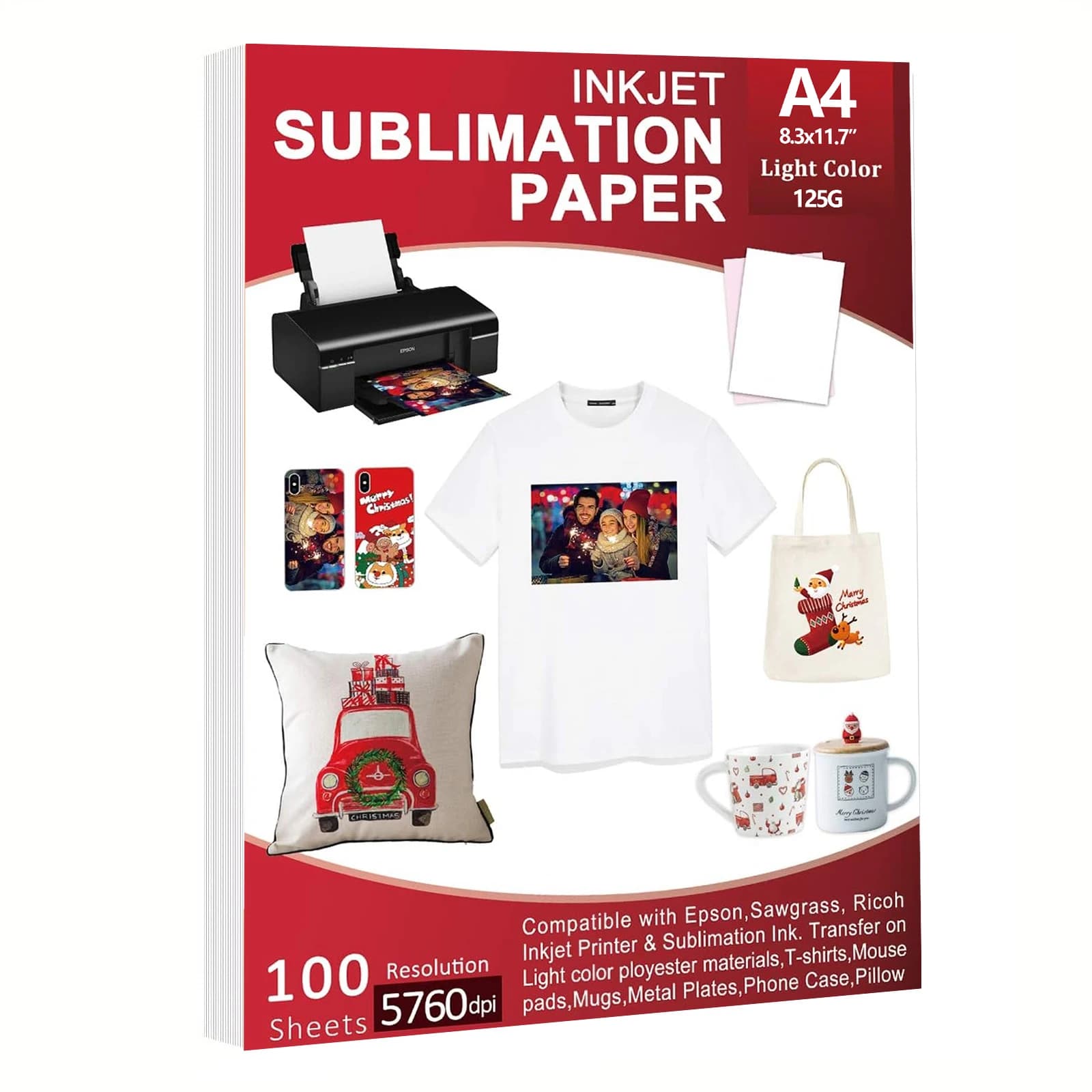 100 Fogli di Carta per Sublimazione A4 Compatibili con Inchiostro per Sublimazione per Tazze, Magliette, Tessuti Chiari e Altri Supporti per Sublimazione 125G