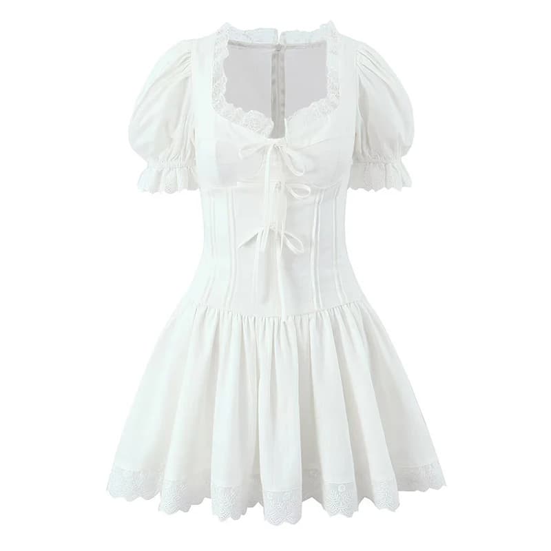 YENKYE Abito dolce bianco beige con fiocco impiombato in pizzo per bella ragazza Mini abiti slim a trapezio con maniche a sbuffo vintage Abito da festa estivo