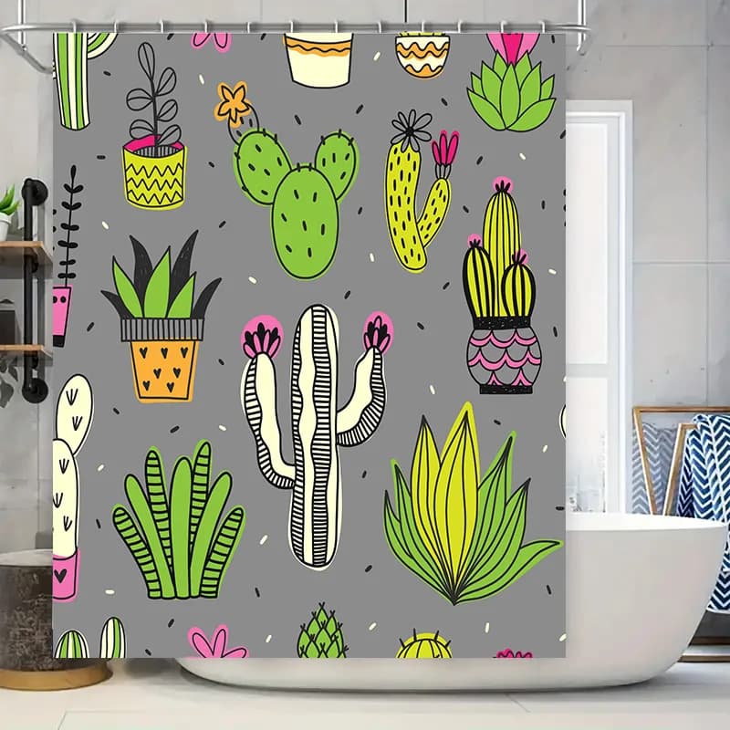 Tenda da doccia Funky Cactus Verde brillante Giallo Succulente Arredamento bagno Motivo floreale moderno e alla moda Include ganci (Grigio)