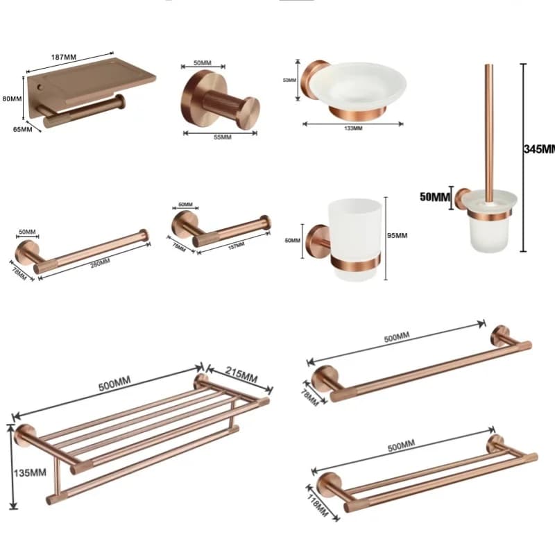 Brushed Rose Gold Accessories Set Wall-Mounted Towel Rack Toilet Brush Holder Toilet Paper Holder Towel Bar Soap Dish Hardware