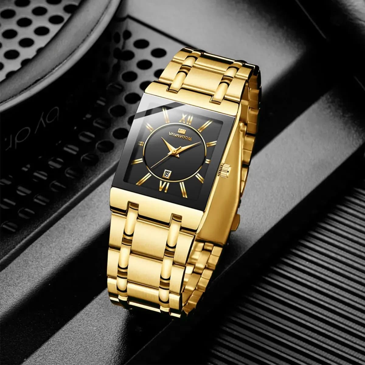 Business Men's Watch Simple Design Luxury Fashion Rectangular Black Gold Stainless Steel Calendar Men's Watches Waterproof