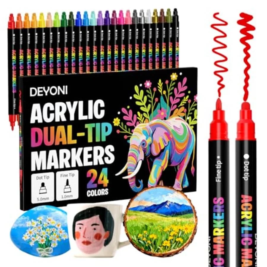 24 Colors Acrylic Paint Markers, Dual Tip Acrylic Paint Pens Markers for Rock, Fabric, Wood, Glass, Craft, Decoration, Adult DI