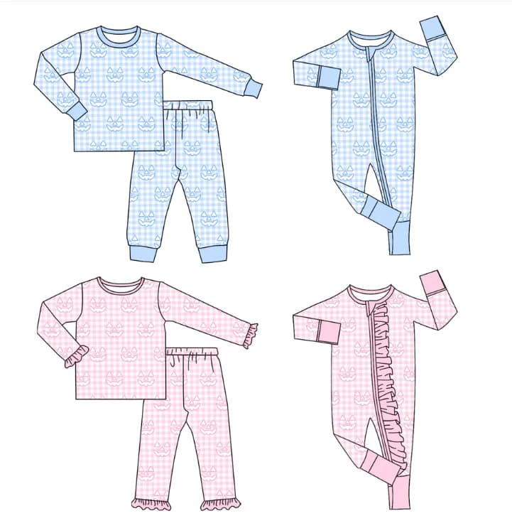 Wholesale Baby Halloween Pumpkin Print Blue Pink Gingham Pajamas Set Toddler Long Sleeve Sleepwear Newborn Pajamas Jumpsuit