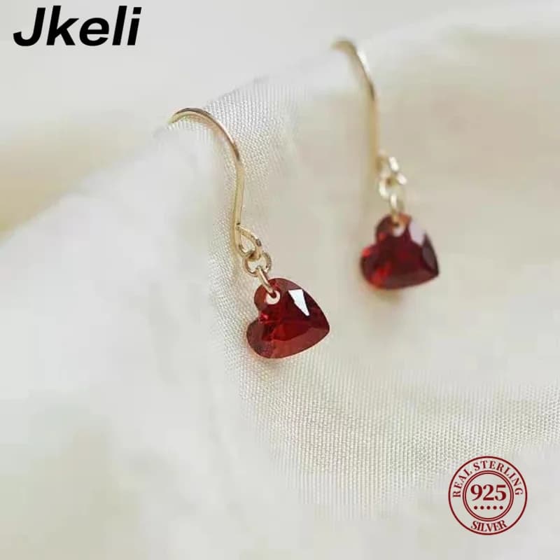Jkeli Real 100% 925 Sterling Silver Korean Sweet Red Zirconia Heart Earrings for Women Girls Elegant Jewelry Accessories