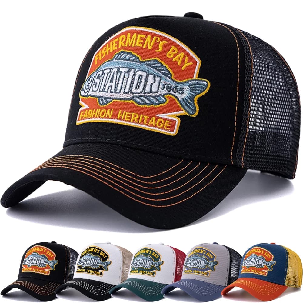 Berretto da baseball da pesca estivo unisex Cappello da camionista in rete traspirante Uomo Donna Berretto stile pescatore con pesci grandi Cappello da esterno di moda