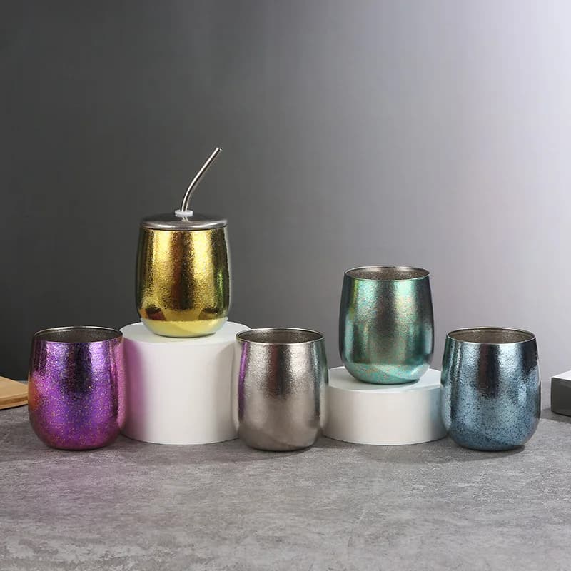 TASCIA per birra a guscio d'uovo da 240 ml con coperchio e cannuccia, titanio puro a doppio strato, resistente al calore, superficie in cristallo, tazza d'acqua portatile per esterni