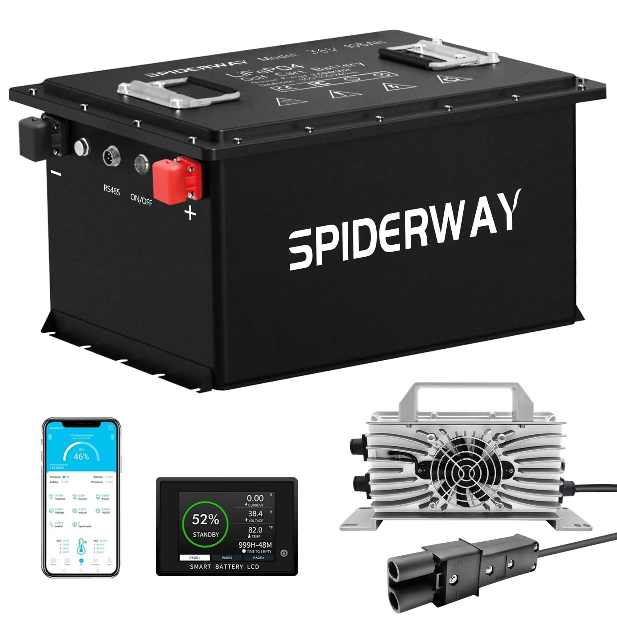 Batteria al Litio 36V 105Ah per Golf Cart, BMS 250A, 6000+ Cicli, Batteria LiFePO4, con Caricabatterie al Litio a 2 Pin per Golf Cart Yamaha