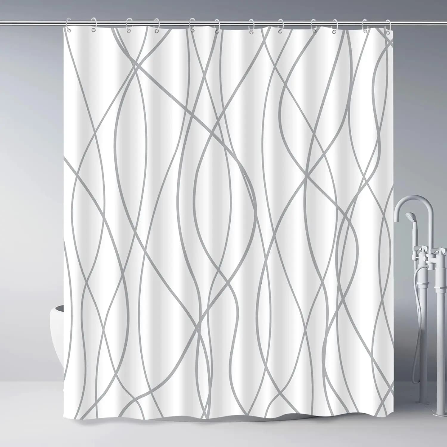 Tenda da Doccia Moderna Grigia a Onde e Righe, Tenda da Bagno Impermeabile in Tessuto con Linee Geometriche Minimaliste per Bagno, Motivo Astratto a Spirale