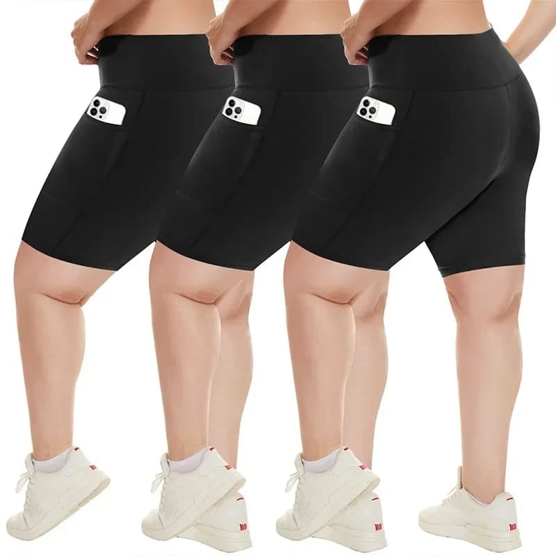 Yoga Shorts European Minimalist Plain Stretch Spandex High Waist Dual Pocket Tummy Control Gym Daily Plus Size Women All Season