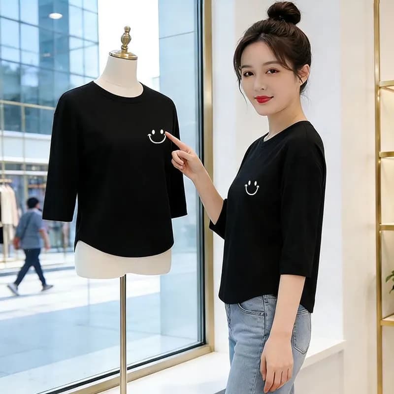 High-End Casual Printed Half Sleeve T-Shirt Women's Summer Fashionable Top round Neck Polyester Fiber Breathable Loose Fit